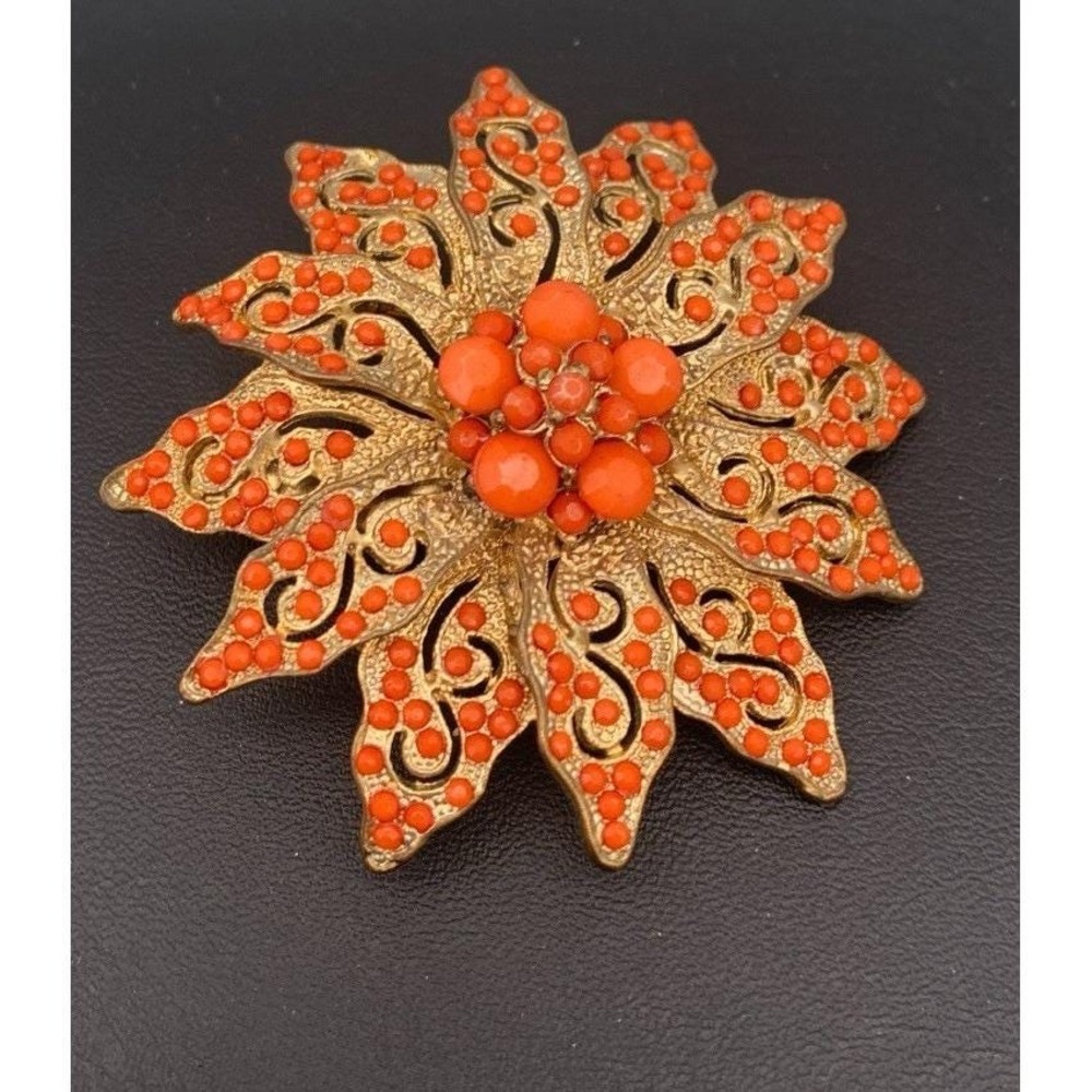 Vintage Antiqued Gold Tone And Coral Color Rhinestone Large Brooch / Clip Combo